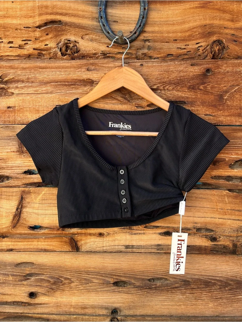 FRANKIE’S BIKINIS | NWT Black Ribbed Cropped Button Front Tee Swim Top S